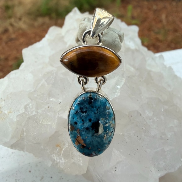 Turquoise & Tiger’s Eye Double Stone Pendant | 925 | Natural Healing Gemstone - Picture 4 of 8